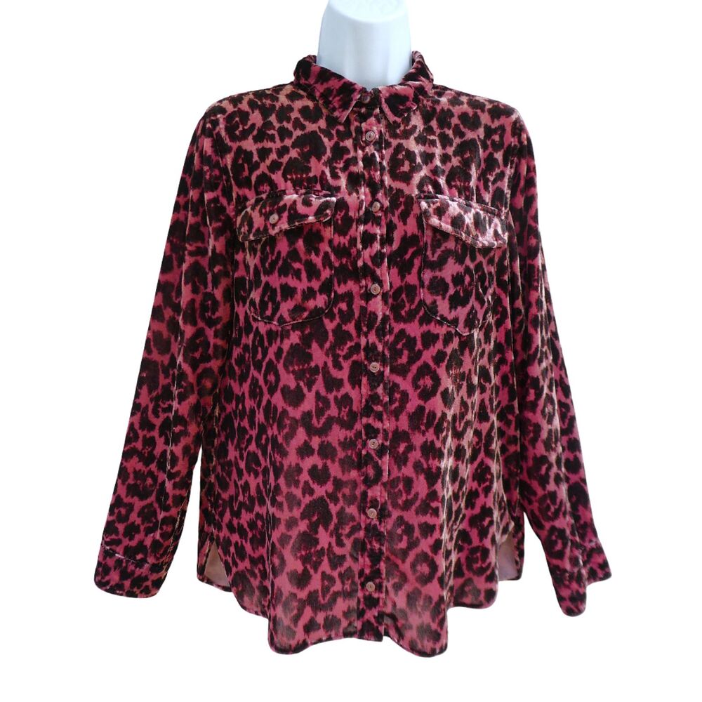 J Crew Drapey Plush Velvet Leopard Animal Shirt Rose Gold Button Front Long Slv